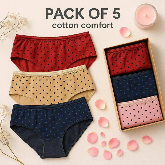 Parisa Polka Dot Cotton Brief Panties – Soft Seamless Everyday Comfort (Pack of 5)