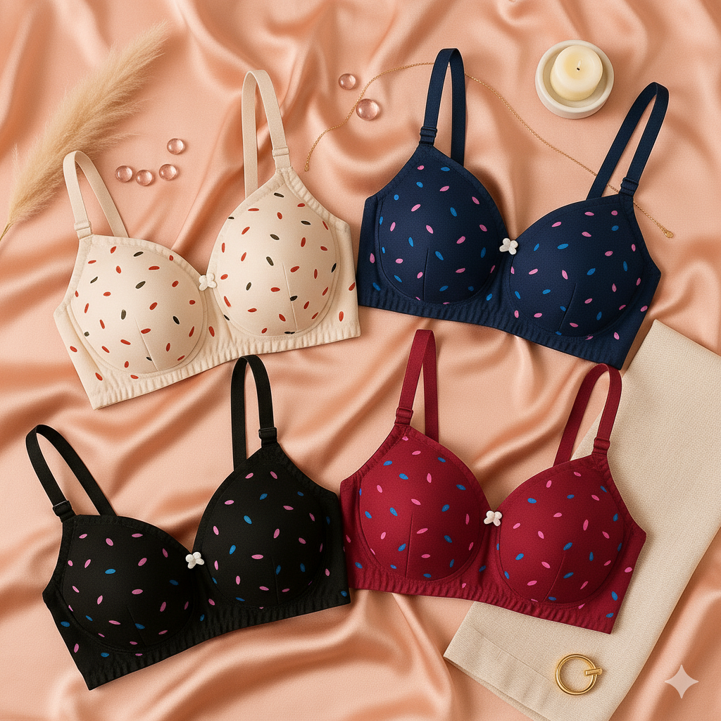 Parisa Light Padded Cotton Printed Bra – Soft & Breathable Everyday Wear (Pack of 4)