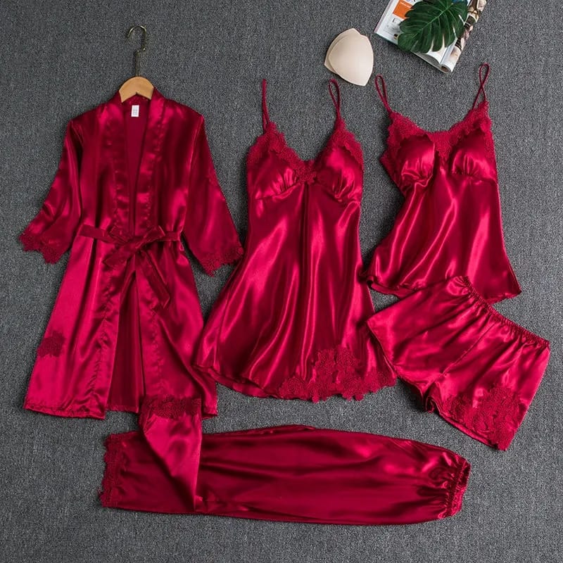 Parisa 5 pcs Non Padded Pure Silk Pajama Set Cami Top Nightgown Sexy Sleepwear Robe Sets Lace Nightdress