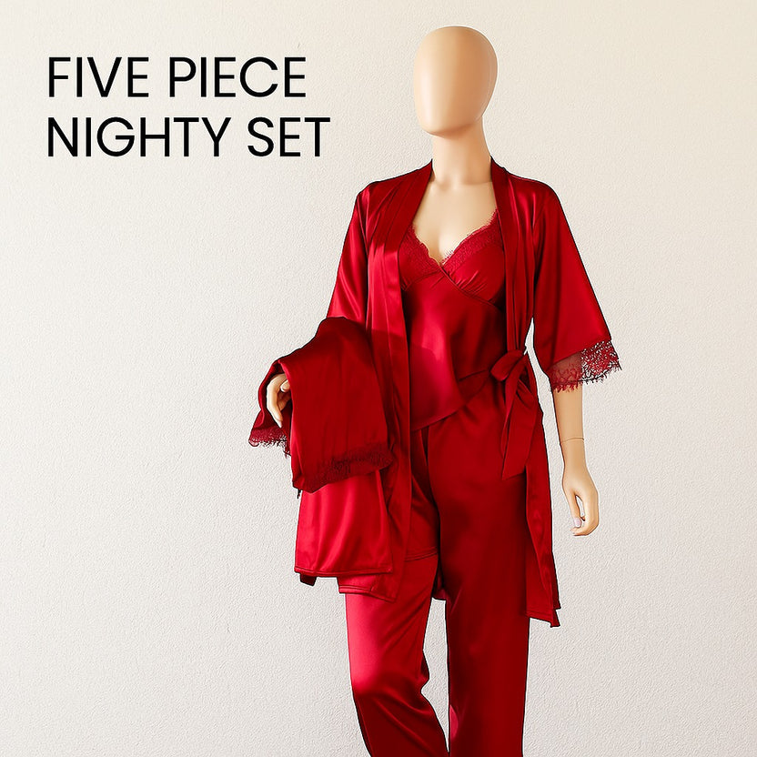 Parisa 5 pcs Non Padded Pure Silk Pajama Set Cami Top Nightgown Sexy Sleepwear Robe Sets Lace Nightdress