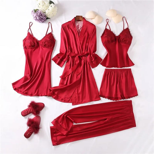 Parisa 5 pcs Non Padded Pure Silk Pajama Set Cami Top Nightgown Sexy Sleepwear Robe Sets Lace Nightdress