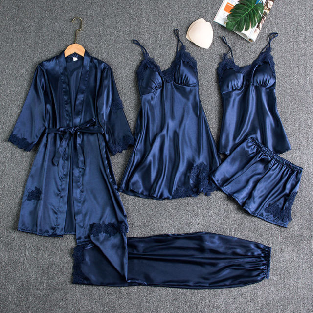 Parisa 5 pcs Non Padded Pure Silk Pajama Set Cami Top Nightgown Sexy Sleepwear Robe Sets Lace Nightdress