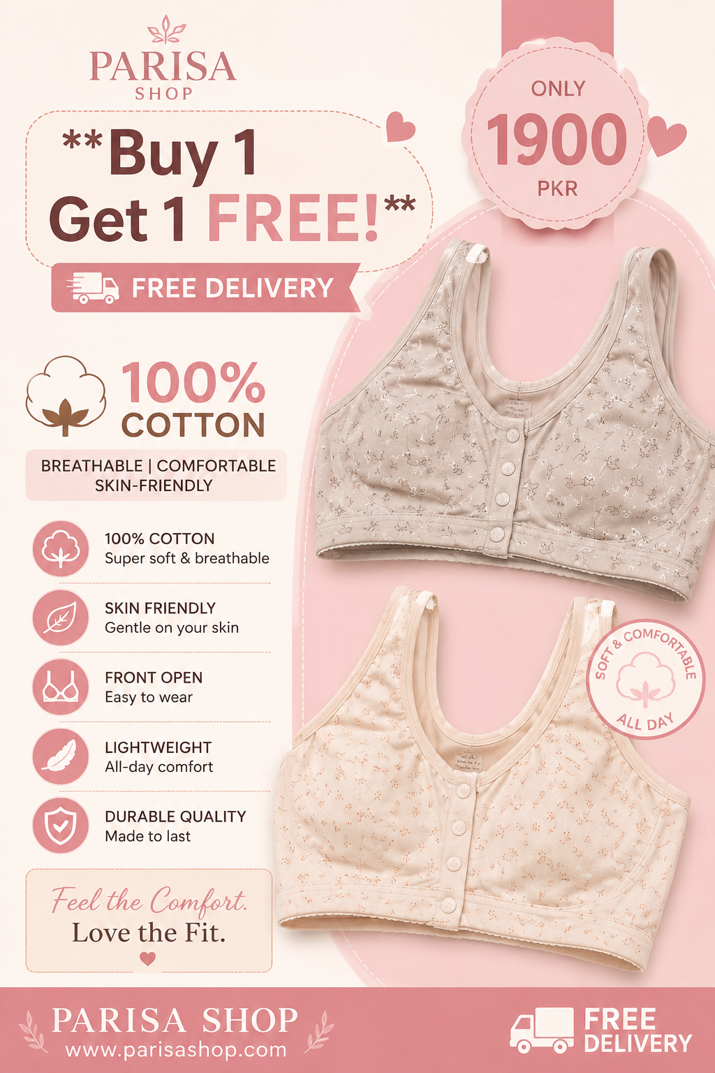 Parisa Front Open COMFEE Bra | Seamless Comfort | Buy 1 Get 1 FREE Seamless Bra